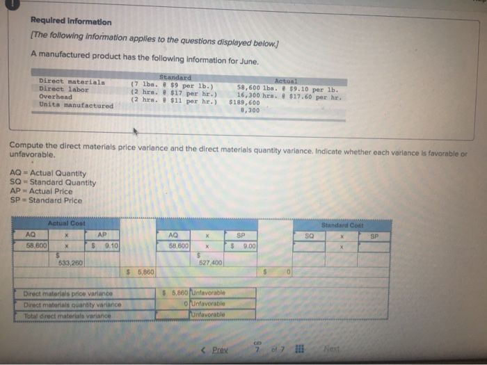 need help finding standard cost Required Information (The following information applies to