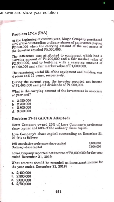  answer and show your solution Problem 17-14 (IAA) At the beginning
