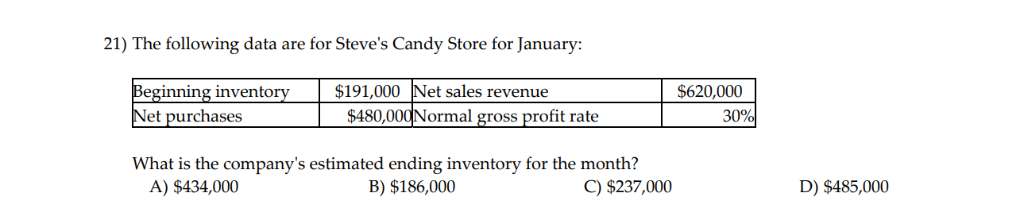 21) The following data are for Steve's Candy Store for January: