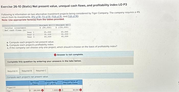  Exercise 26-10 (Static) Net present value, unequal cash flows, and profitability