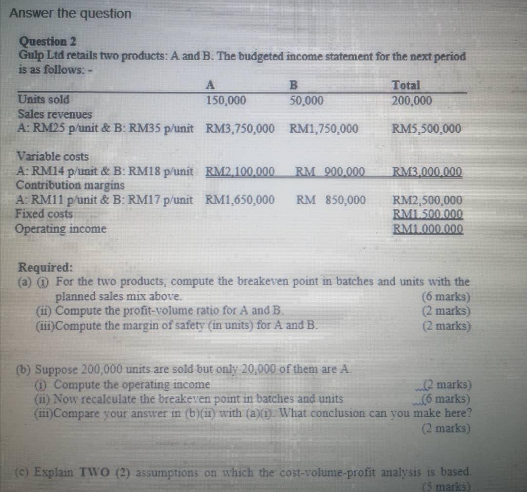 Question 2 Gulp Ltd retails two products: A and B. The budgeted