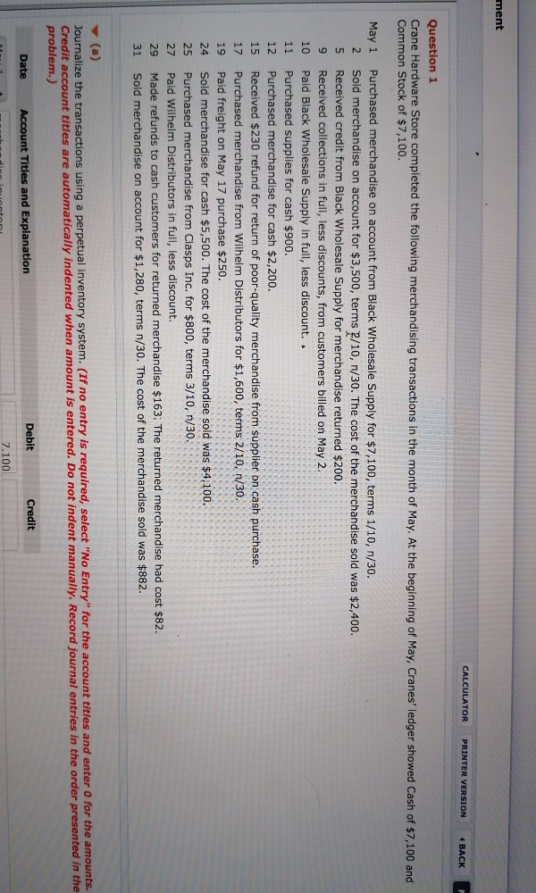  ment CALCULATOR PRINTER VERSION 4 BACK Question 1 Crane Hardware Store