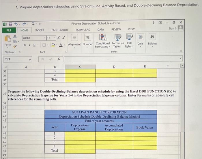 SLN FUNCTION (fx) to calculate the Depreciation Expense for Years 1-4 in