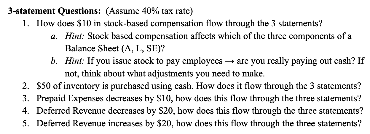  3-statement Questions: (Assume 40% tax rate) How does $10 in stock-based