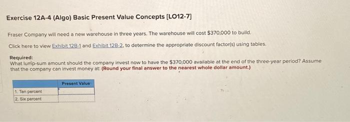  Exercise 12A-4 (Algo) Basic Present Value Concepts [LO12-7] Fraser Company will
