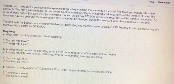  Help Save & Exit Canton Corp. produces a part using an