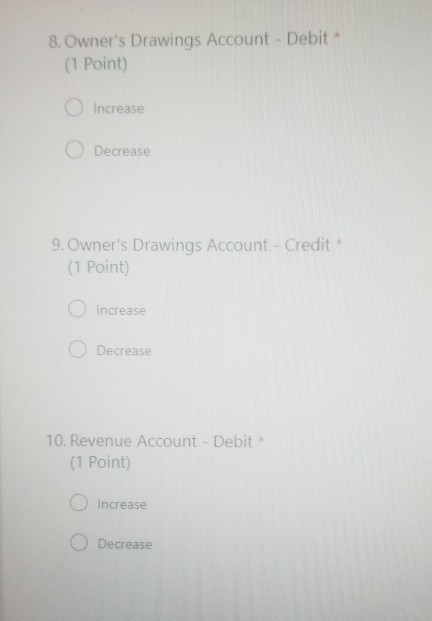 (1 Point) Increase Decrease 3. Asset Account - Credit (1 Point) Increase