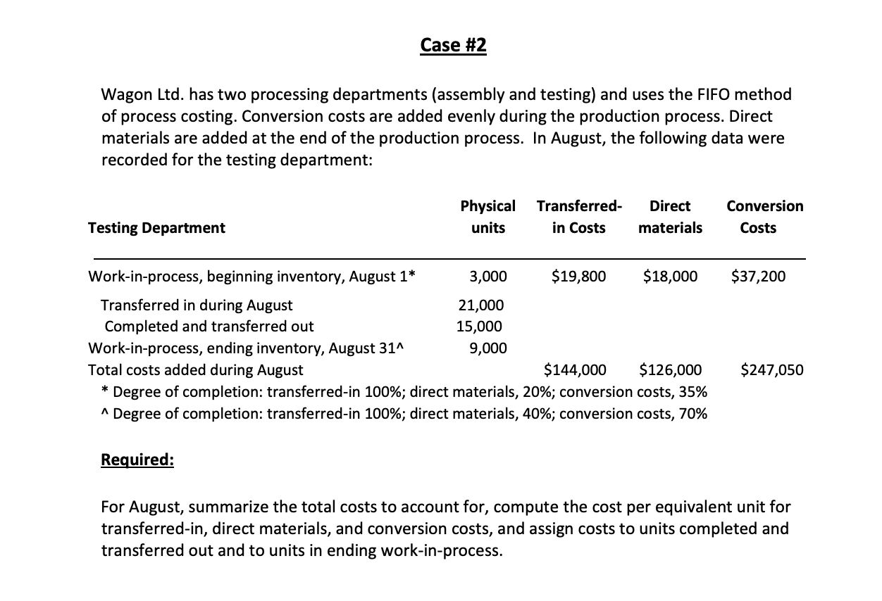  Wagon Ltd. has two processing departments (assembly and testing) and uses