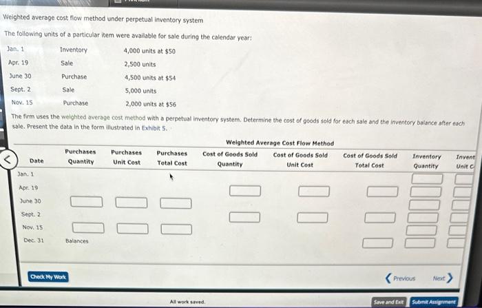  Weighted average cost flow method under perpetual inventory system The following