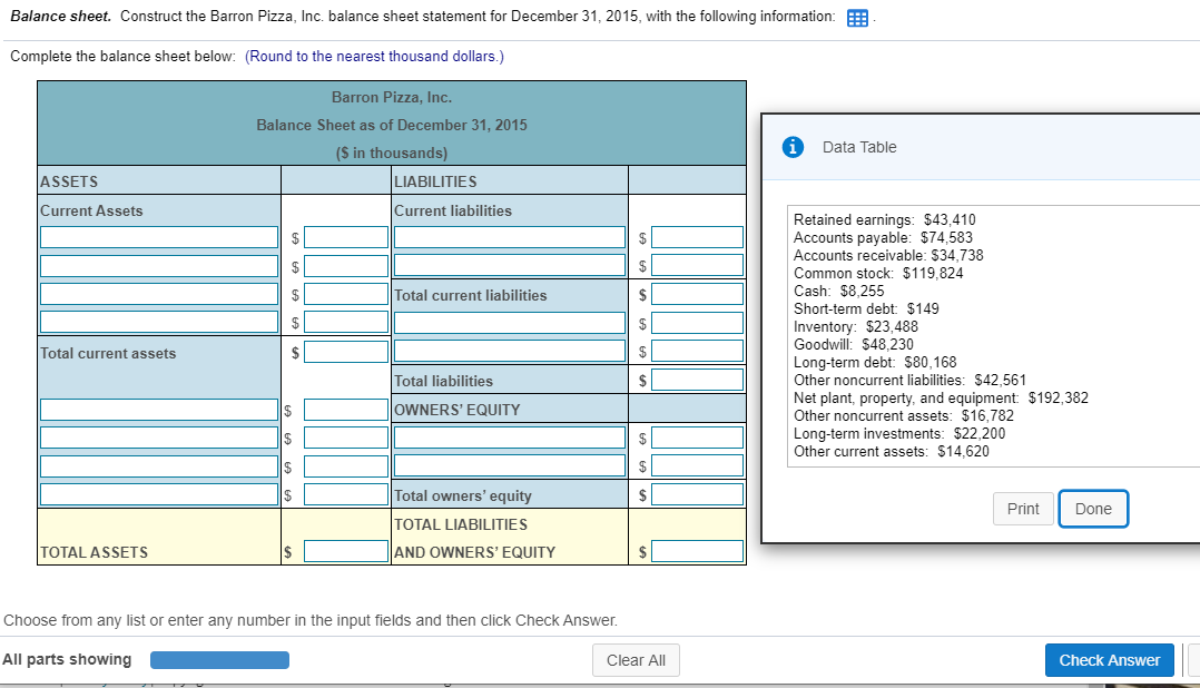 Balance sheet. Construct the Barron Pizza, Inc. balance sheet statement for