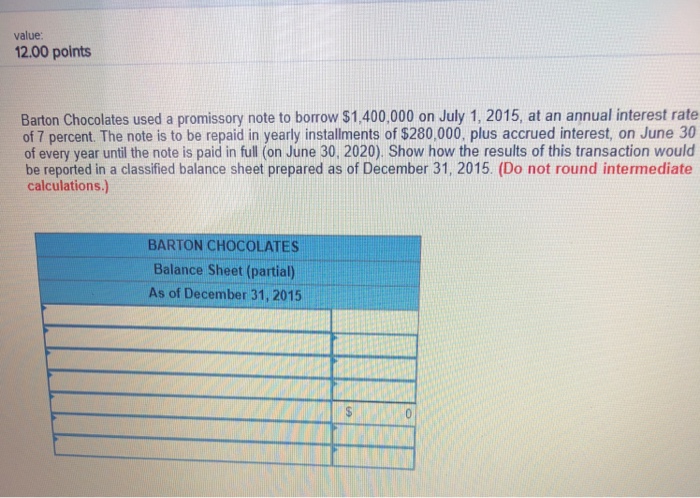  value: 12.00 points Barton Chocolates used a promissory note to borrow