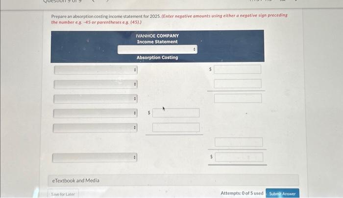10,50.) Manufacturing cost per unit eTextbook and Media Attempts: 1 of 5
