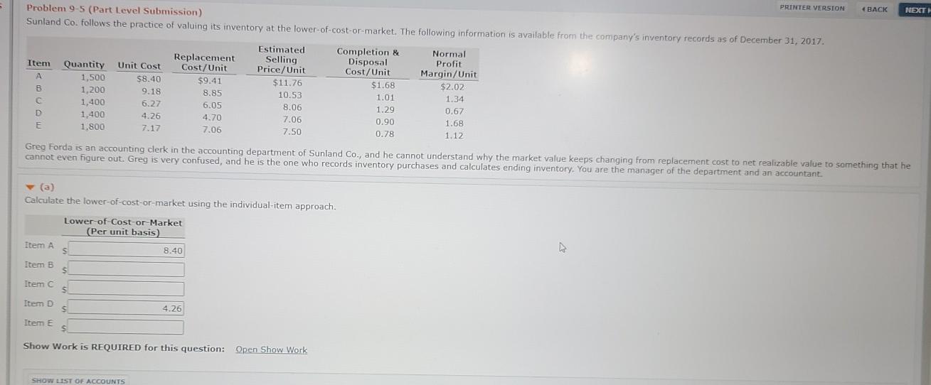  PRINTER VERSION 4 BACK NEXT Problem 9-5 (Part Level Submission) Sunland