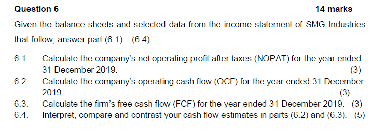 Question 6 14 marks Given the balance sheets and selected data