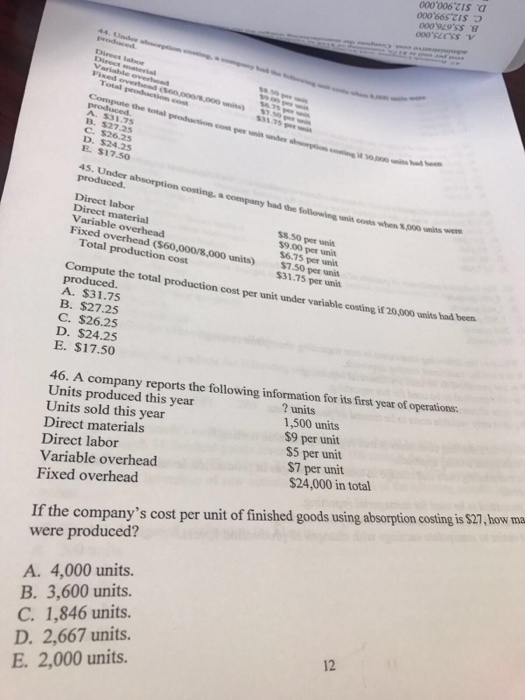  Compute the total production cost pet unit under variable costing if