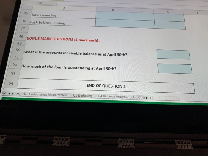credit sales I Q2 Performance Measurement Q3 Budgeting Q4 Variance Analysis Q5