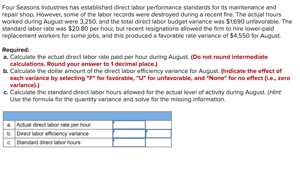  Four Seasons Industries has established direct labor performance standards for its