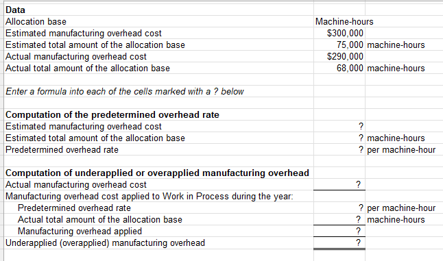 entering formulas in all of the cells that contained question marks, verify
