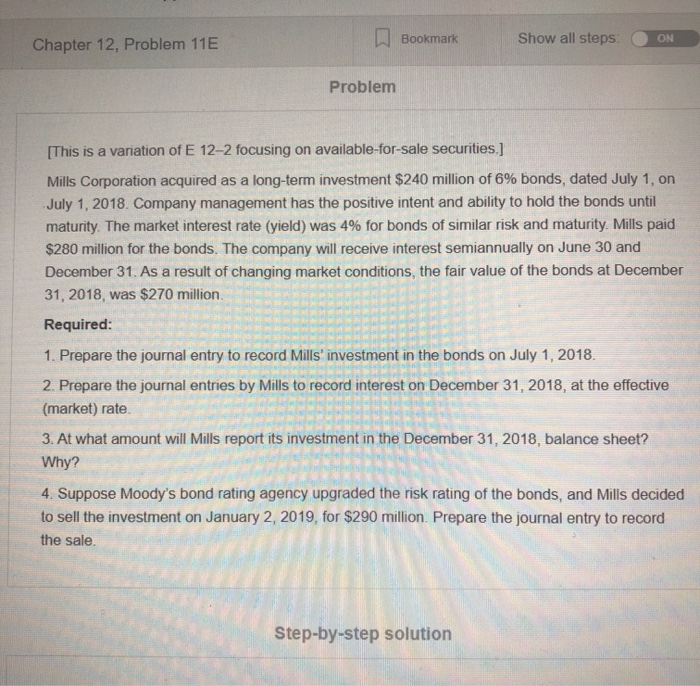  A Bookmark Show all steps: ON Chapter 12, Problem 11E Problem