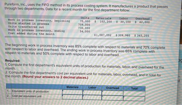 Pureform, Inc., uses the FIFO method in its process costing system.