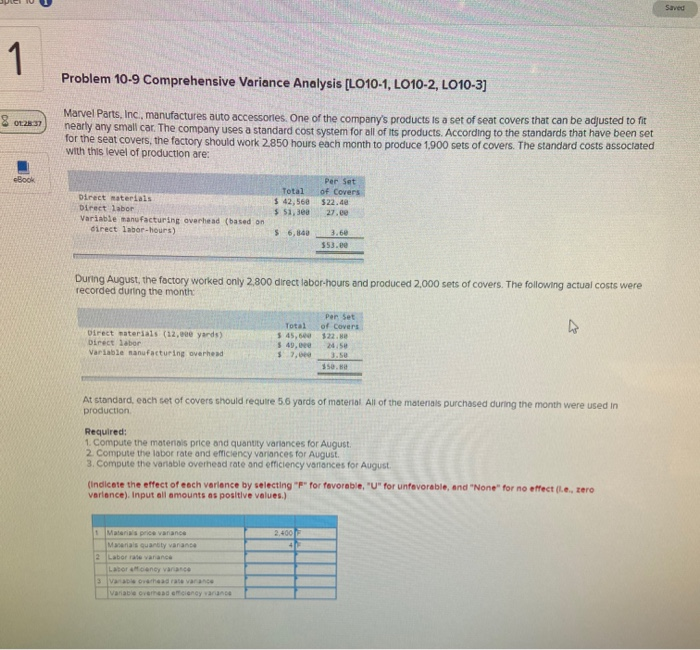  Saved 1 1 Problem 10-9 Comprehensive Variance Analysis (LO10-1, LO10-2, LO10-3]