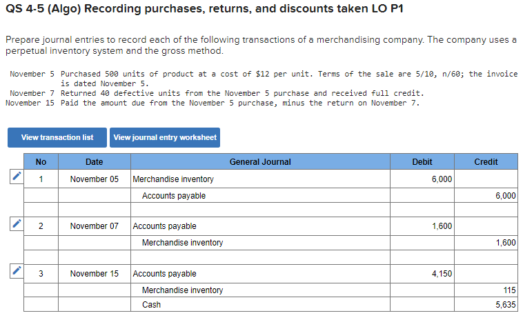  QS 4-5(Algo) Recording purchases, returns, and discounts taken LO P1 Prepare