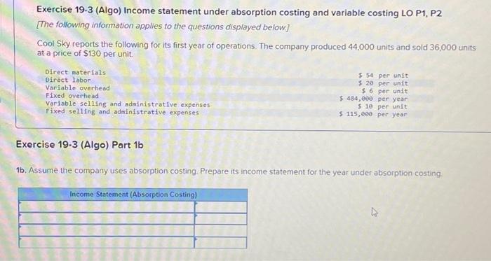  Exercise 19-3 (Algo) Income statement under absorption costing and variable costing