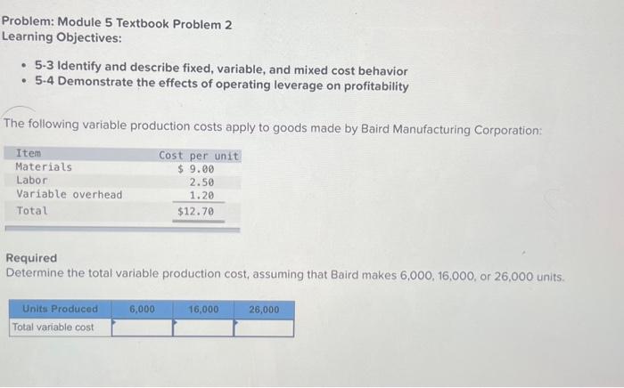  Problem: Module 5 Textbook Problem 2 Learning Objectives: - 5-3 Identify