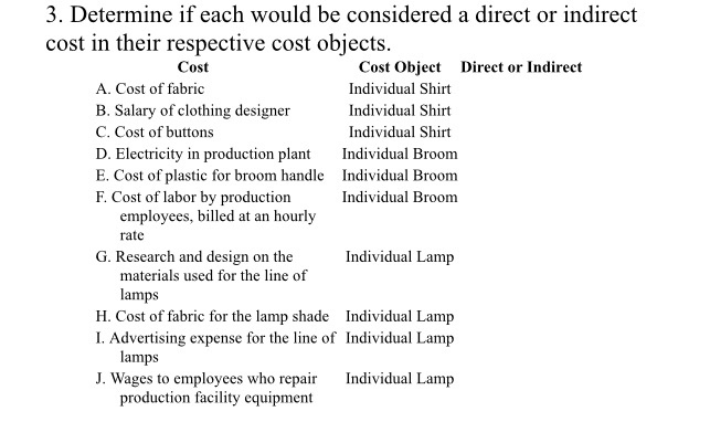  3. Determine if each would be considered a direct or indirect