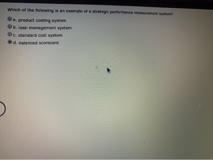 Which of the following is an example of a strategic performance measurement