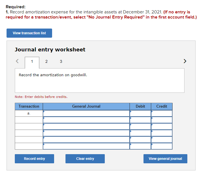 Required: 1. Record amortization expense for the intangible assets at December