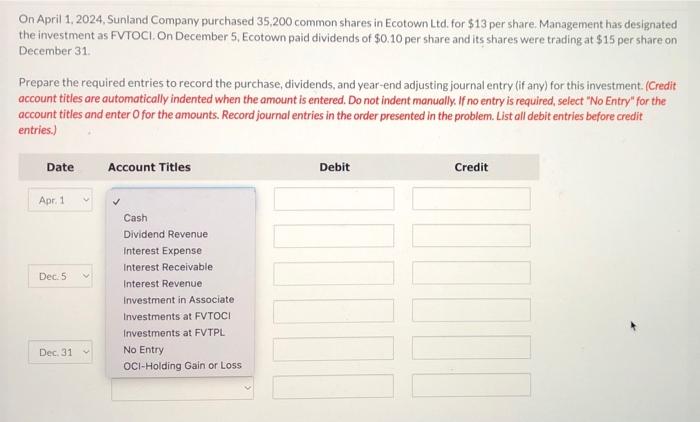 Sunland Company purchased 35,200 common shares in Ecotown Ltd. for $13 per