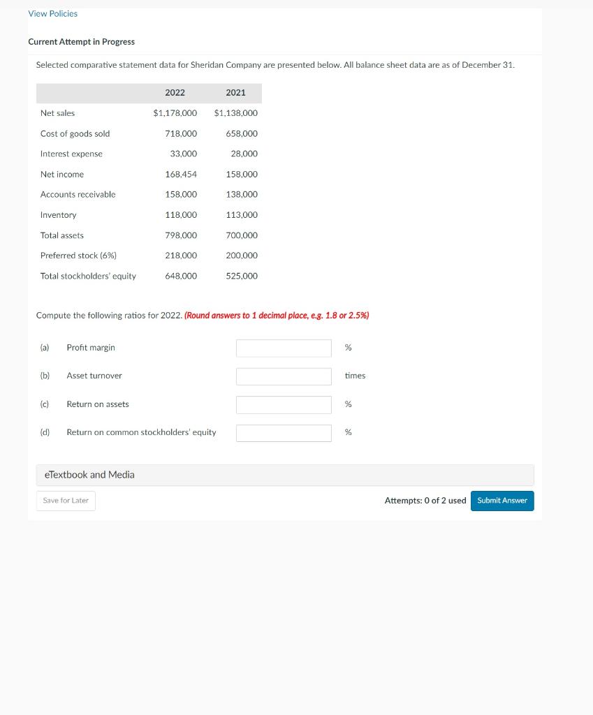  Current Attempt in Progress Selected comparative statement data for Sheridan Company