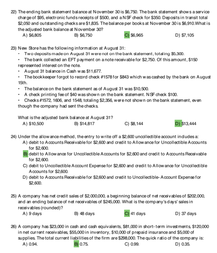  Please show work and explain 22) The ending bank statement balance
