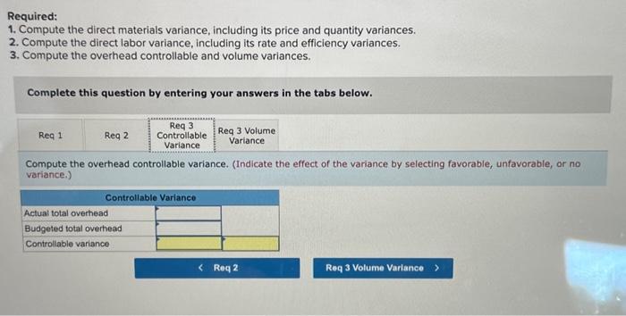 anwwers in the tabs beiew. Required: 1. Compute the direct materials variance,