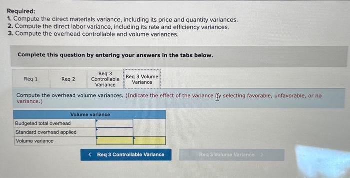 including its price and quantity variances. 2. Compute the direct labor variance,