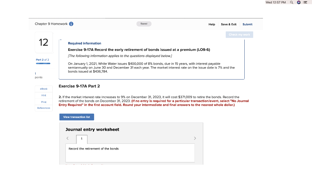 & Exit Submit Check my work 11 Required information Exercise 9-17A Record
