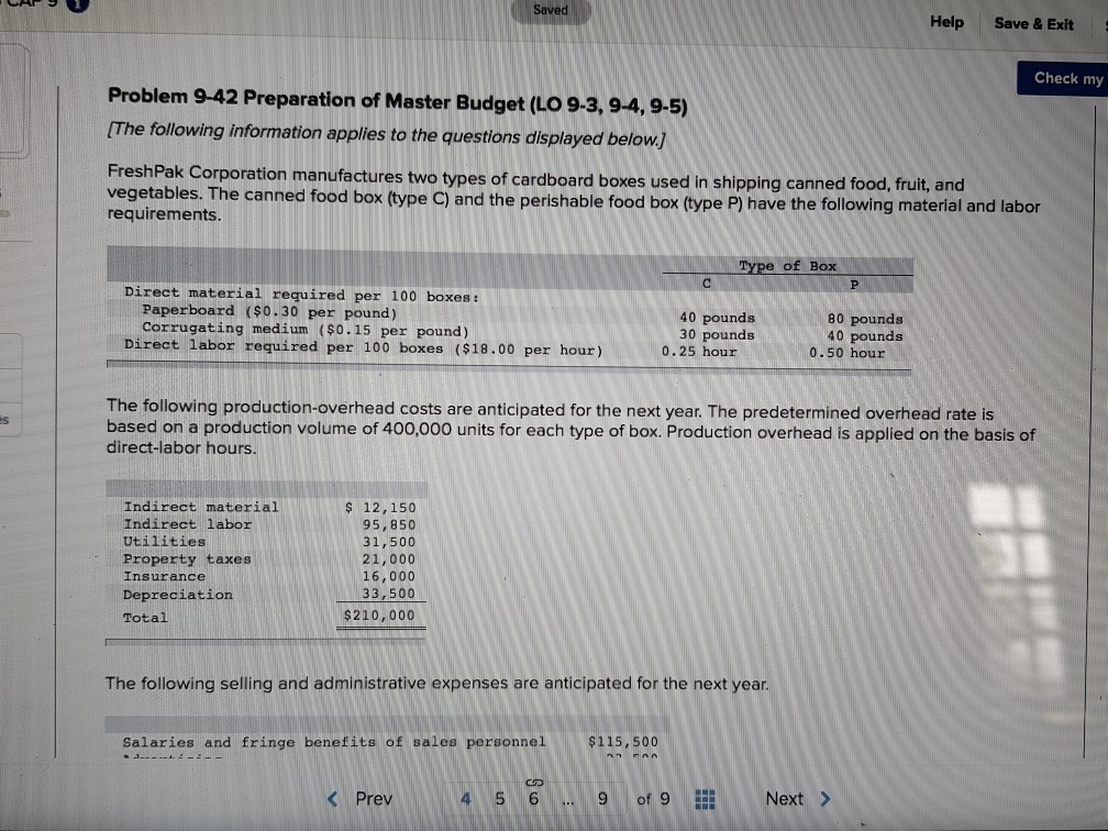  Saved Help Save & Exit Check my Problem 9-42 Preparation of