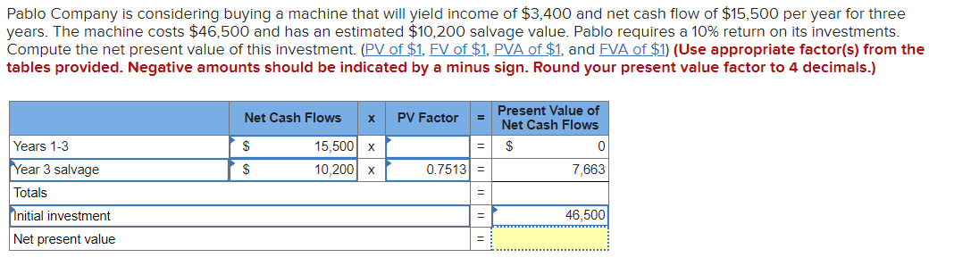  Pablo Company is considering buying a machine that will yield income