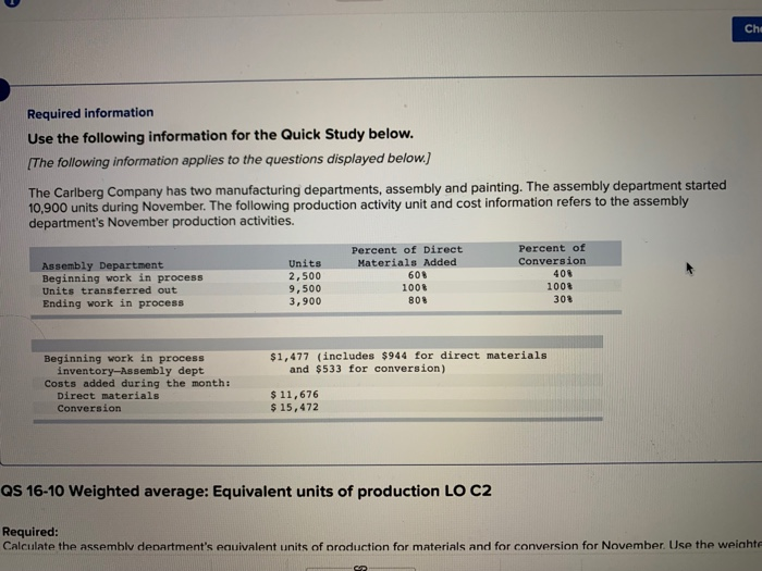  Che Required information Use the following information for the Quick Study