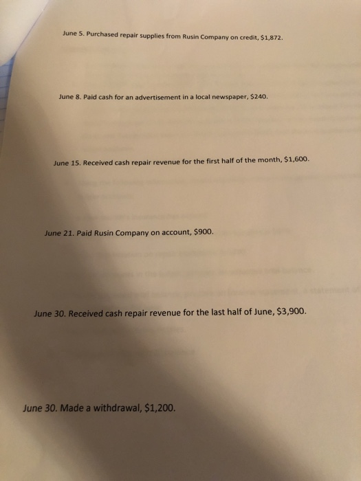 June 1, 2018, Bob Lutz opened Lutz Repair Service. Make journal entries