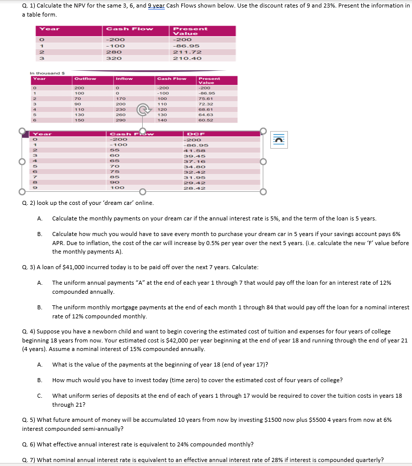  Q. 1) Calculate the NPV for the same 3, 6, and