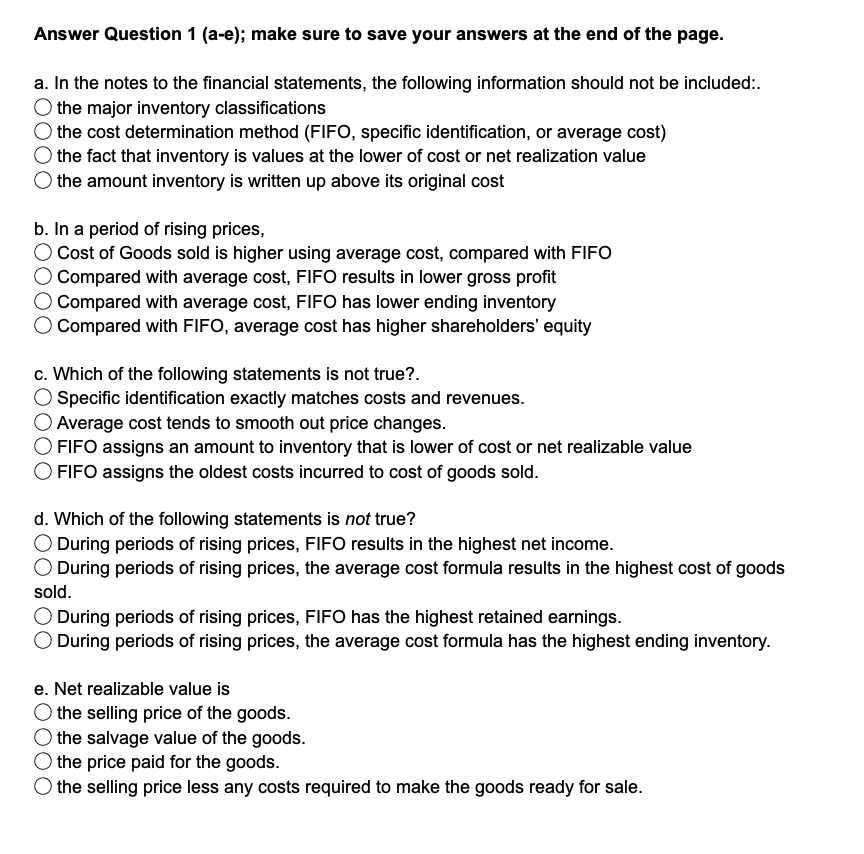  Answer Question 1 (a-e); make sure to save your answers at