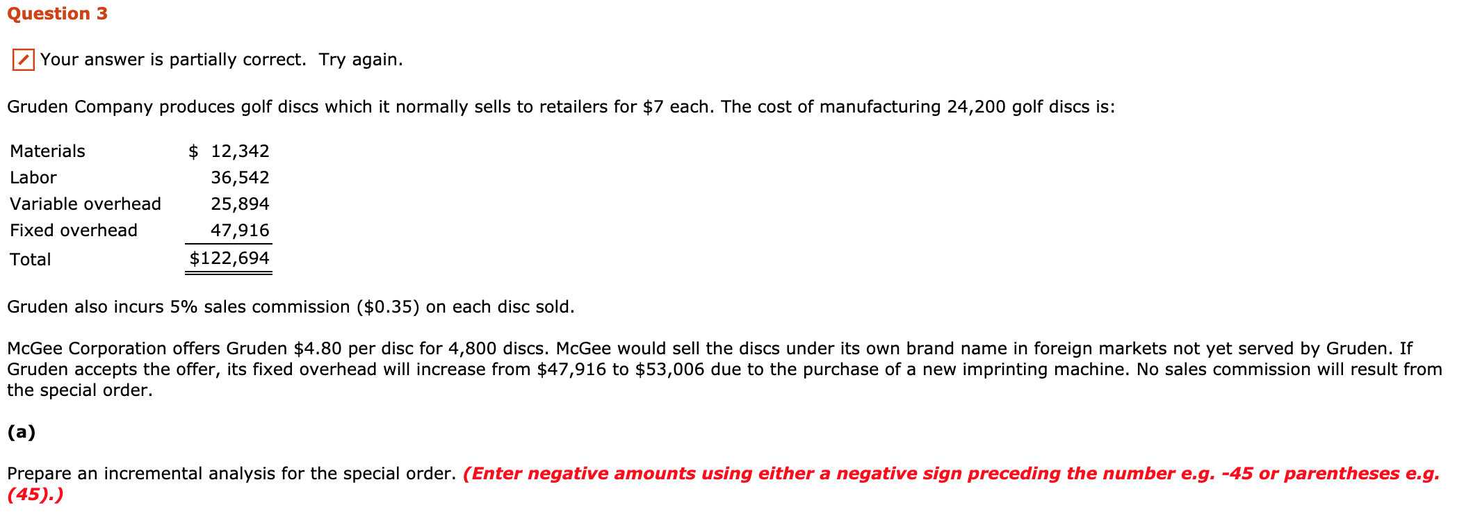 Question 3 Your answer is partially correct. Try again. Gruden Company