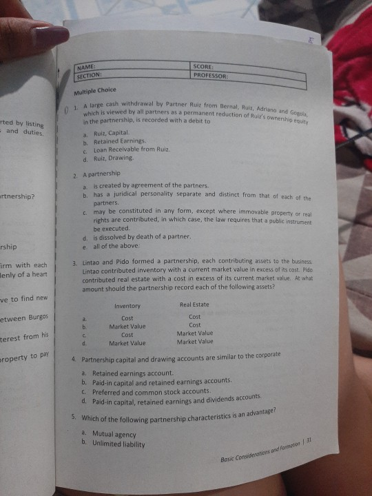  NAME! SECTION: SCORE: PROFESSOR Multiple Choice ch withdrawal by Partner Ruit