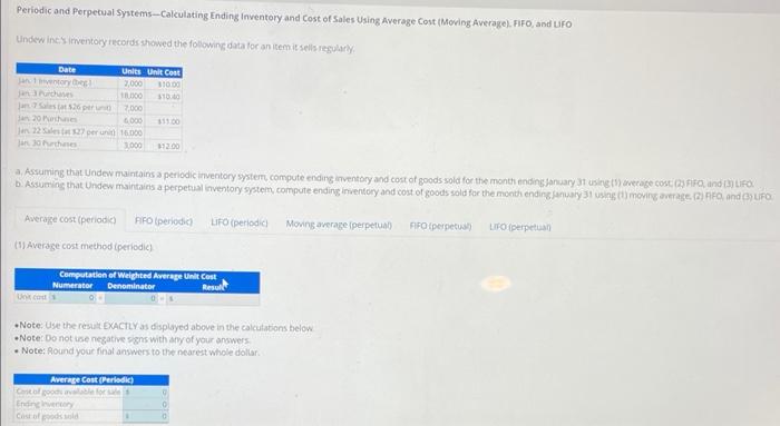 Solve using average cost, fifo, lifo periodic methods. Periodic and Perpetual Systems-Calculating