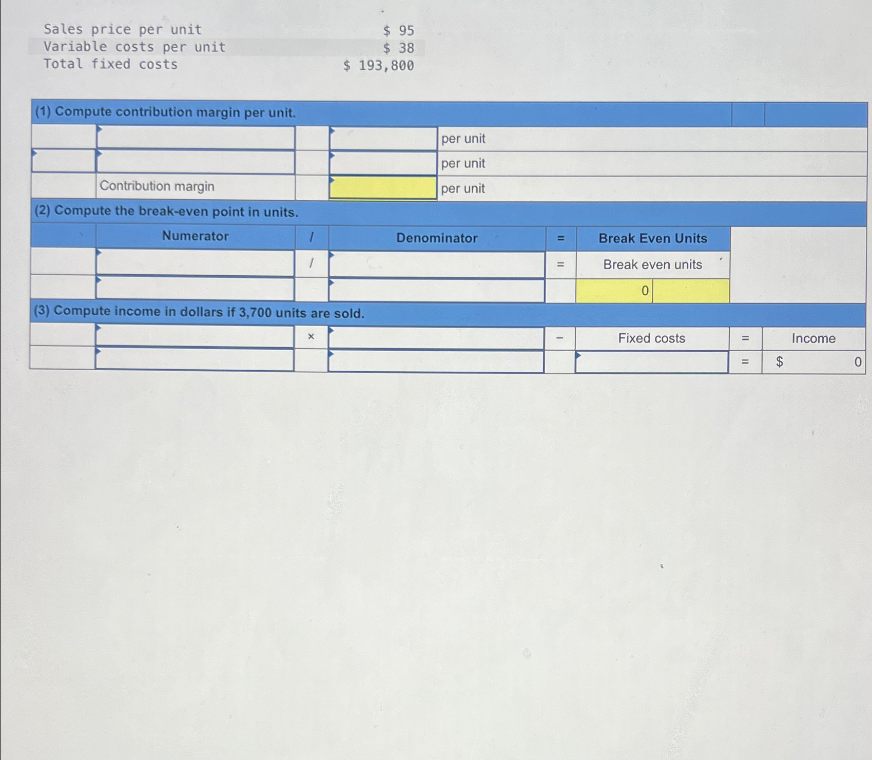  Sales price per unit Variable costs per unit Total fixed costs