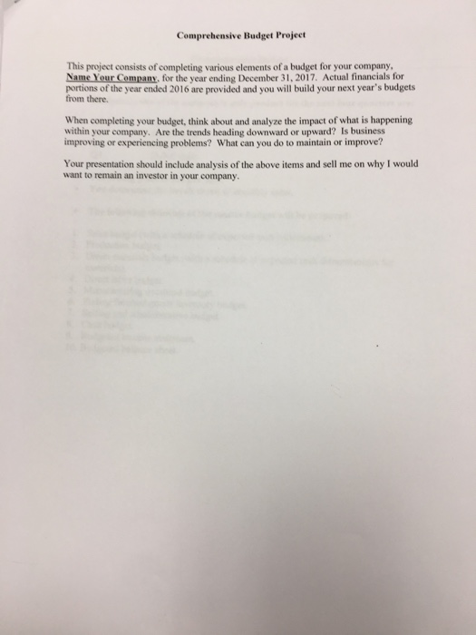  Comprehensive Budget Project This project consists of completing various elements of