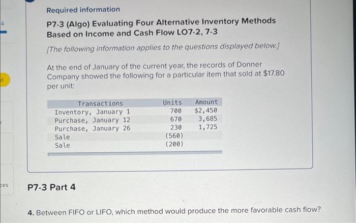  Required information P7-3 (Algo) Evaluating Four Alternative Inventory Methods Based on