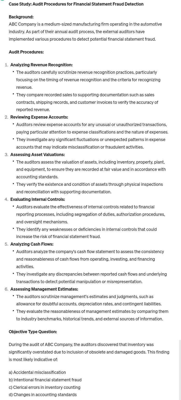  Case Study: Audit Procedures for Financial Statement Fraud Detection Background: ABC